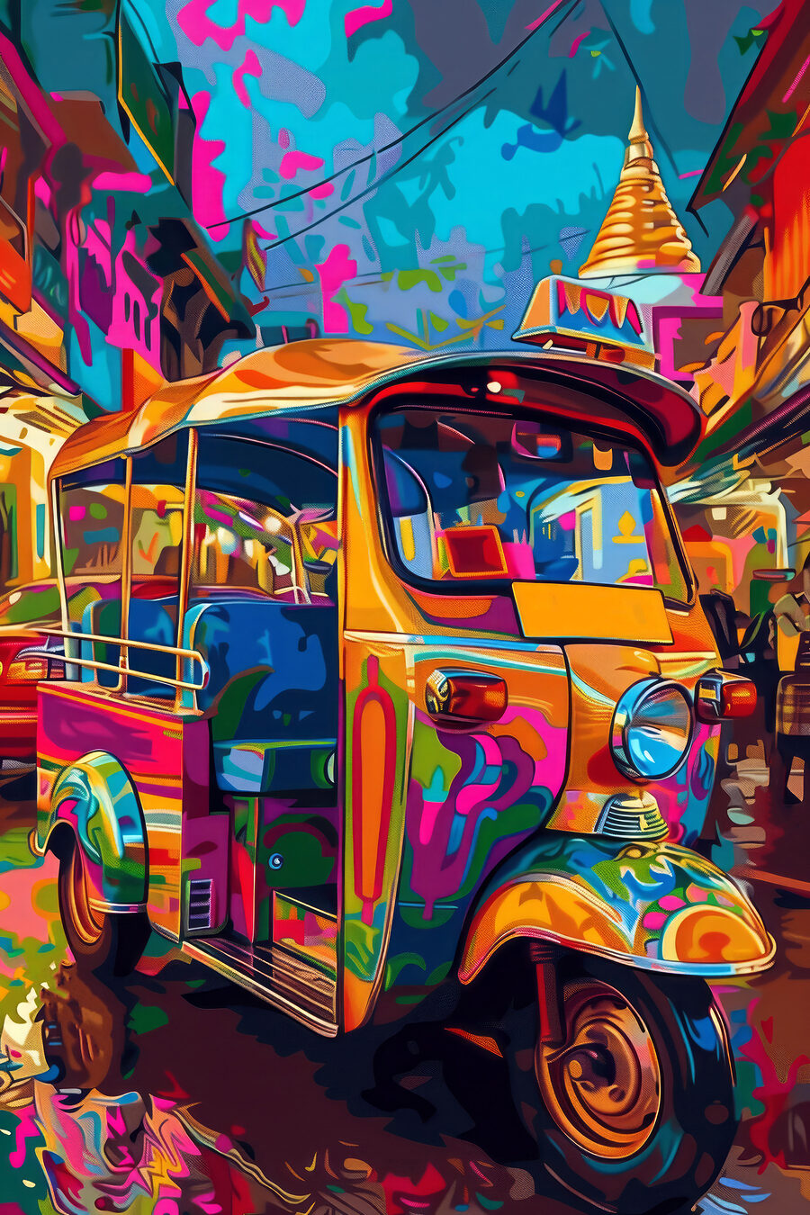 Tuktuk in felle straatkleuren — volledig ontwerp