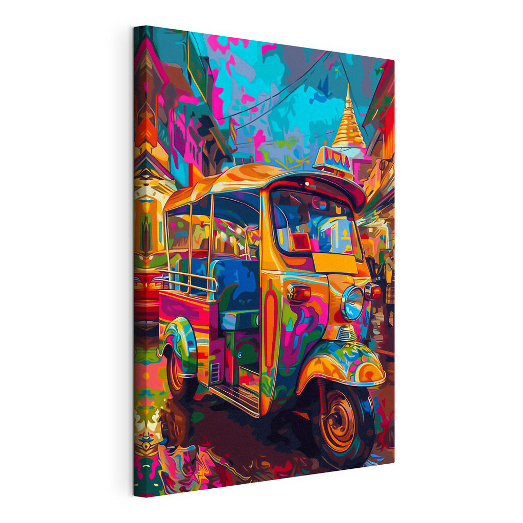 Tuktuk in felle straatkleuren, gespannen canvas met doorlopende rand