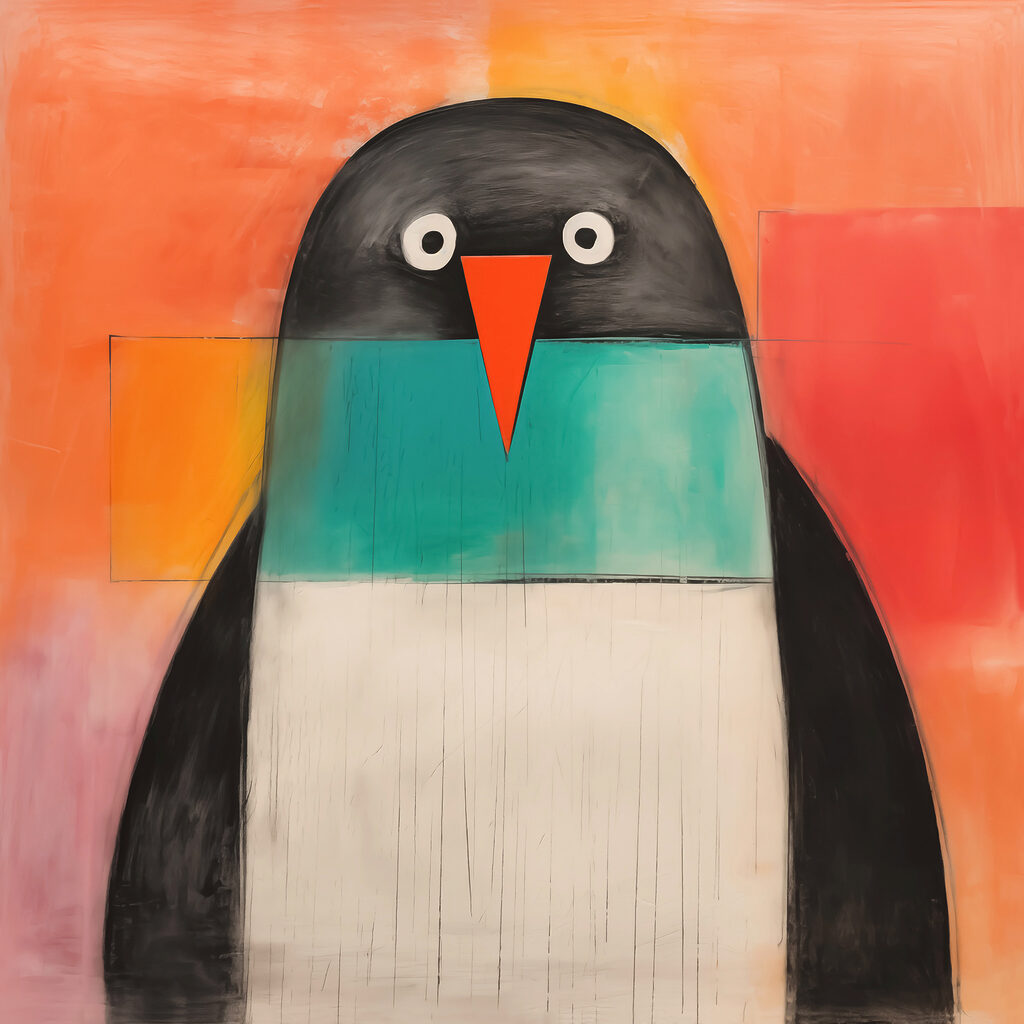 Pinguïn in eenvoudige kleurvakken — volledig ontwerp