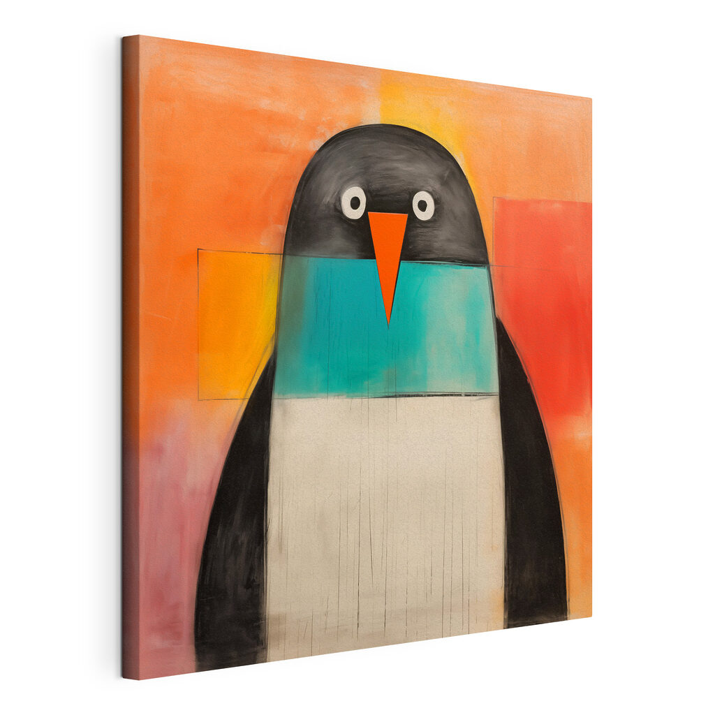 Pinguïn in eenvoudige kleurvakken, gespannen canvas met doorlopende rand