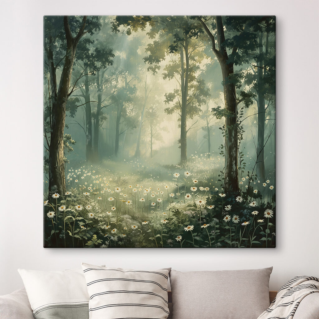 Bos met bloemen en bomen in een interieur