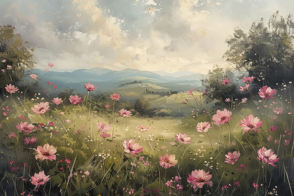 Roze bloemen boven dal — volledig ontwerp
