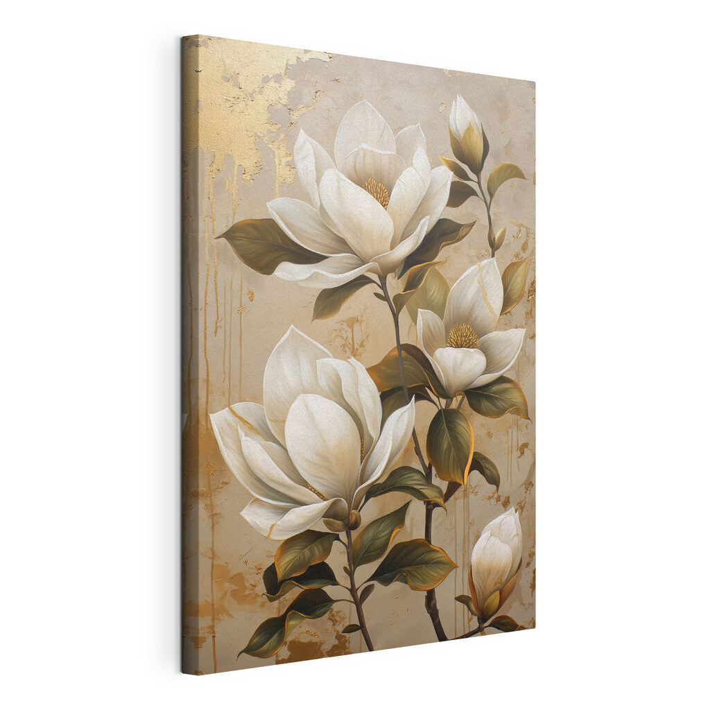 Magnoliatak op warm beige, gespannen canvas met doorlopende rand