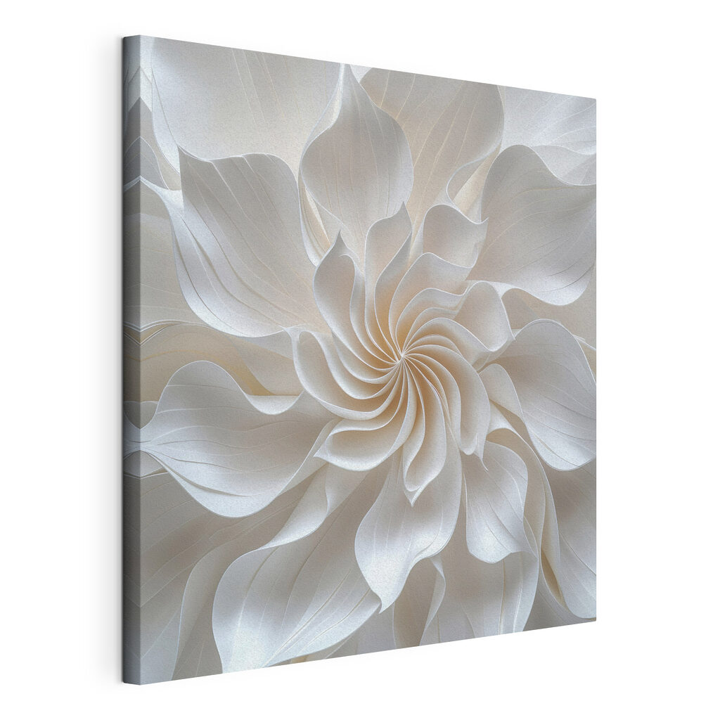 Een witte bloemenspiraal, gespannen canvas met doorlopende rand