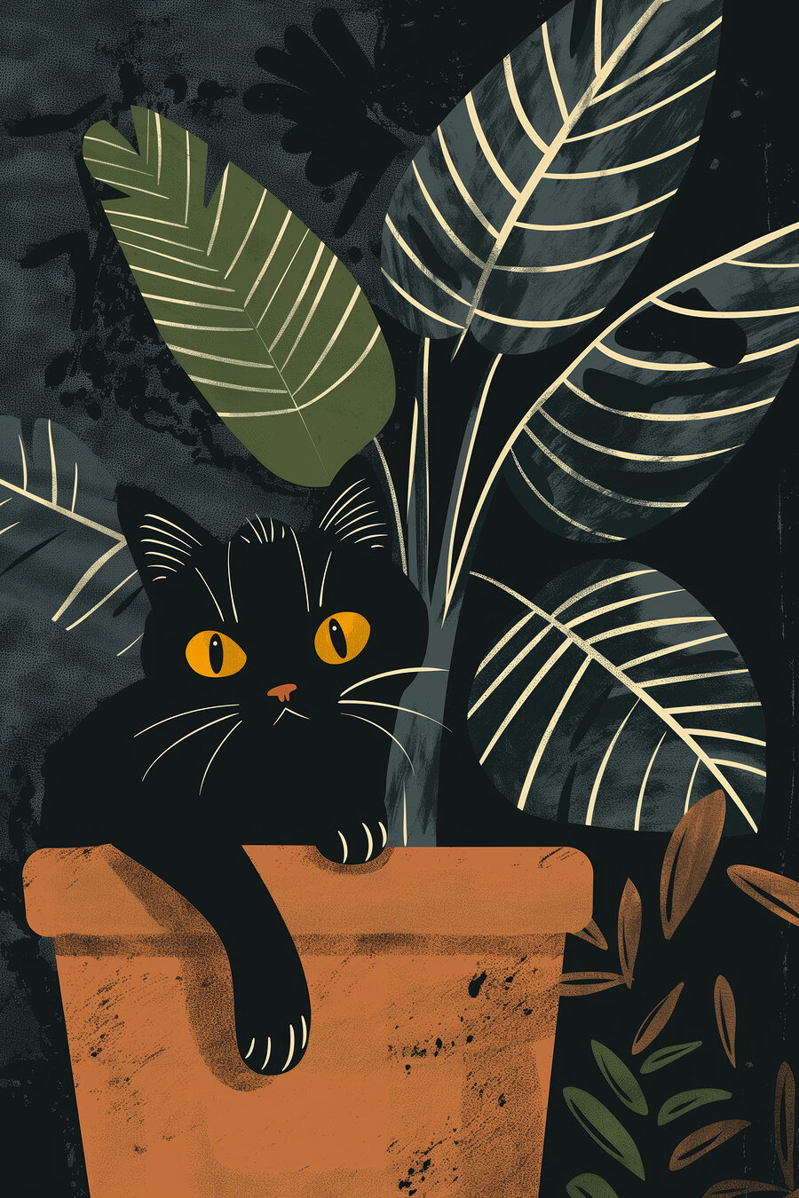 Zwarte kat tussen bladnerven — volledig ontwerp