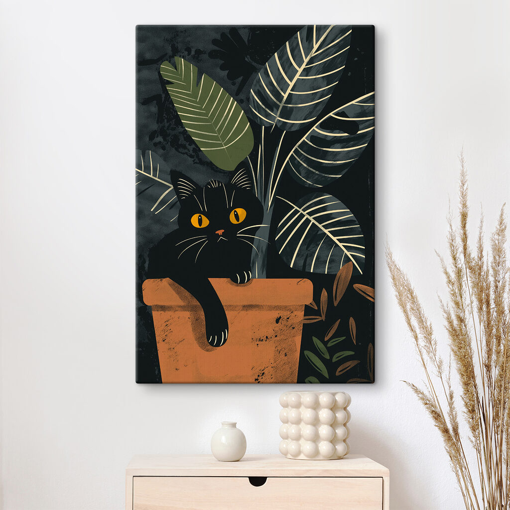 Zwarte kat tussen bladnerven — interieur 1