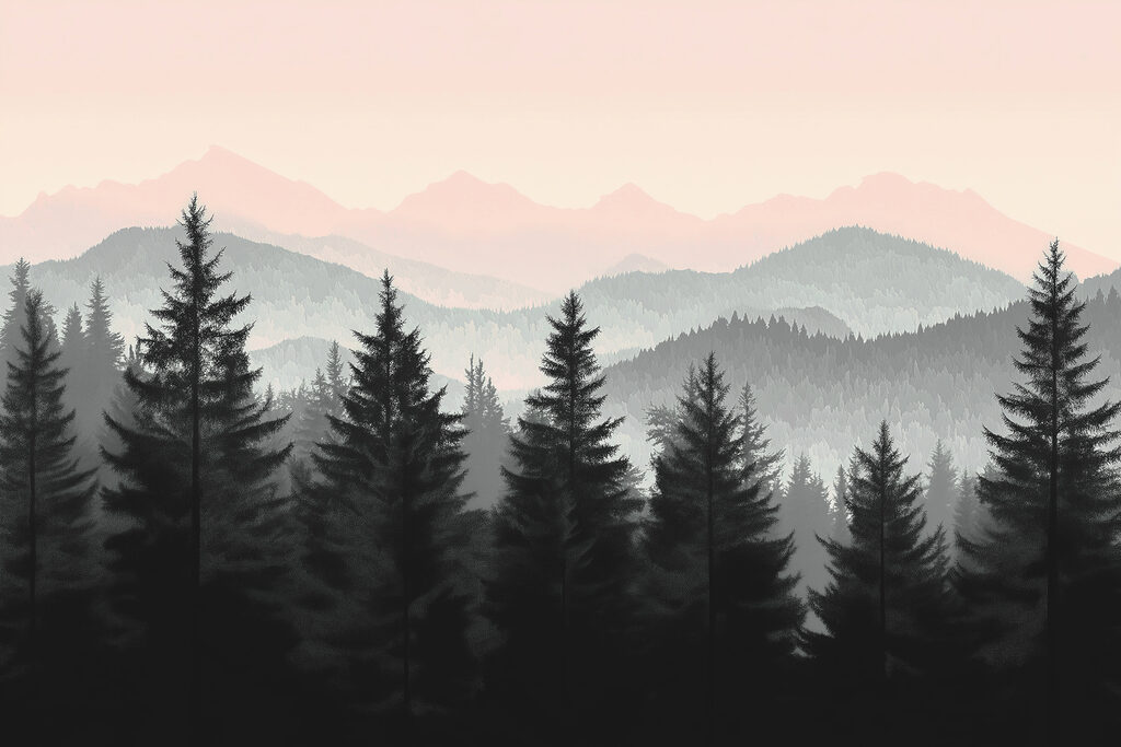 Dennen voor roze horizon — volledig ontwerp