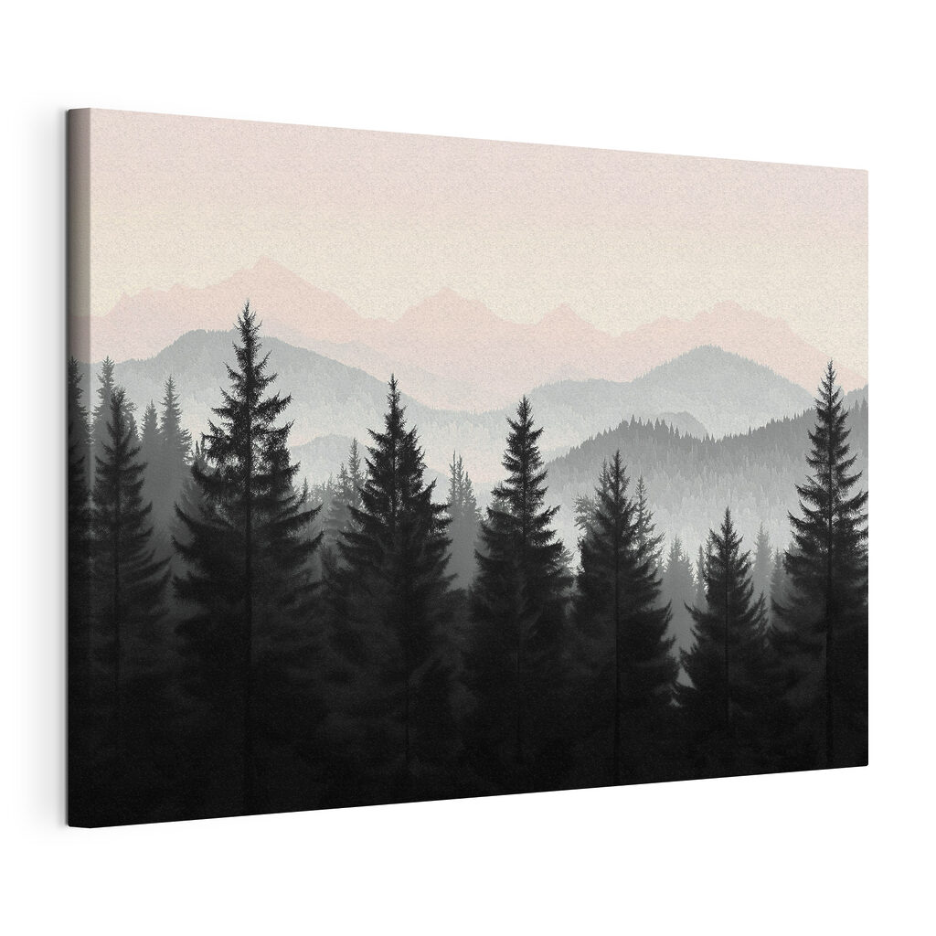 Dennen voor roze horizon, gespannen canvas met doorlopende rand