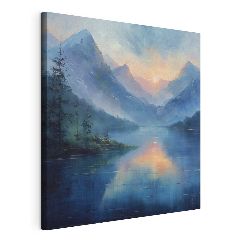 Bergmeer in blauwe avondnevel, gespannen canvas met doorlopende rand