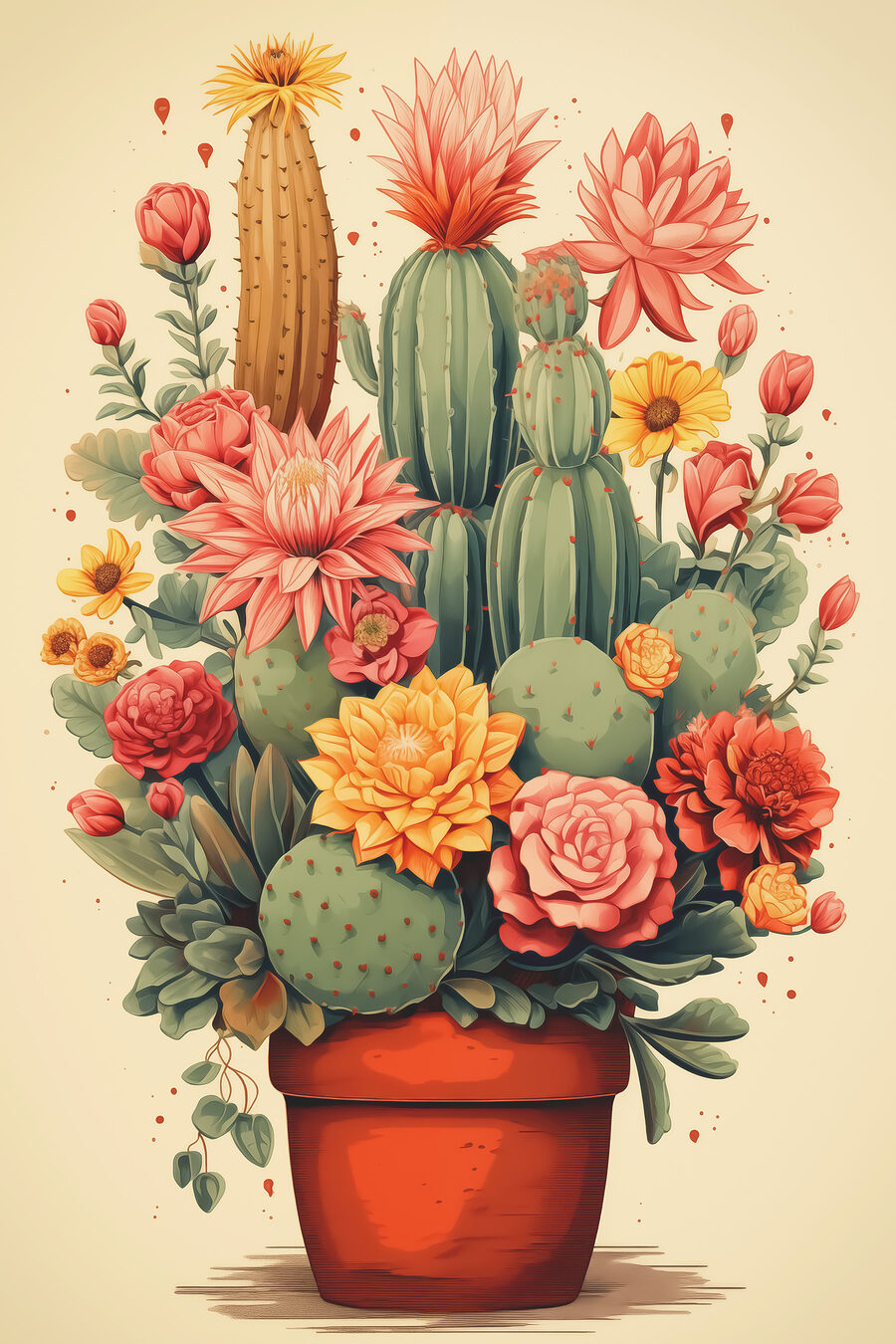 Een cactuspot vol bloei — volledig ontwerp