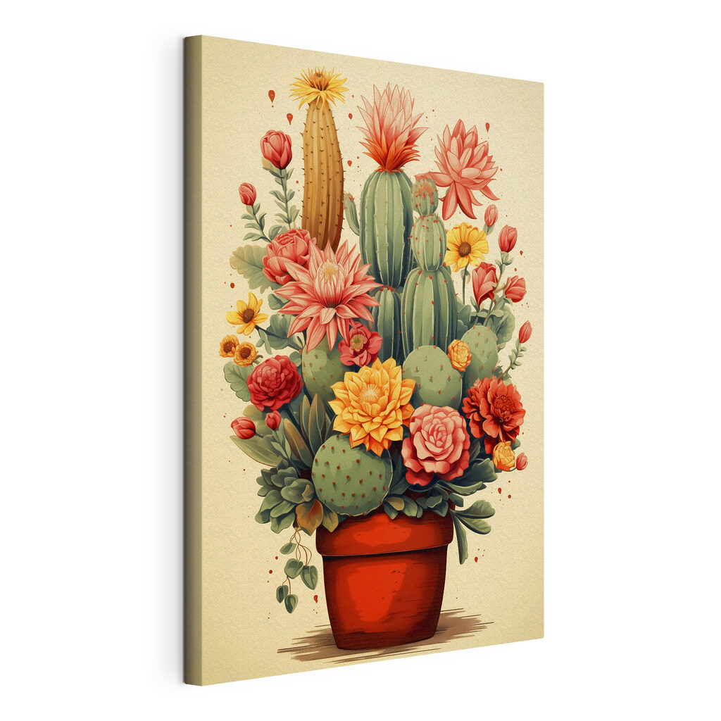 Een cactuspot vol bloei, gespannen canvas met doorlopende rand