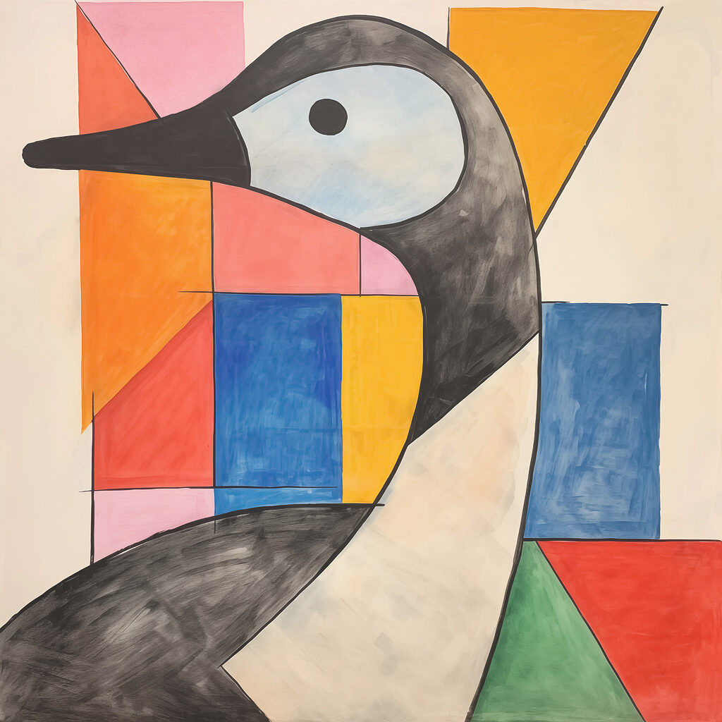 Een vogel tussen kleurvierkanten — volledig ontwerp