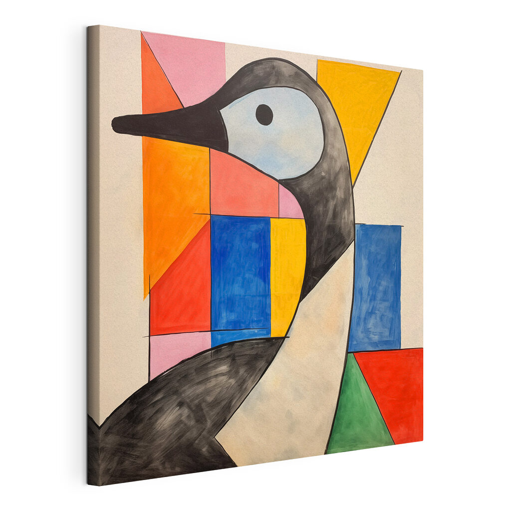 Een vogel tussen kleurvierkanten, gespannen canvas met doorlopende rand