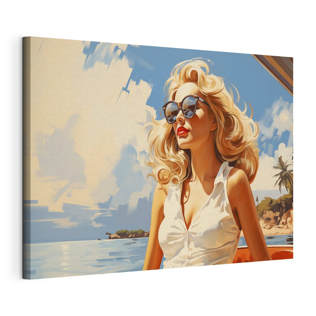 Zonnebril onder een zomerlucht, gespannen canvas met doorlopende rand