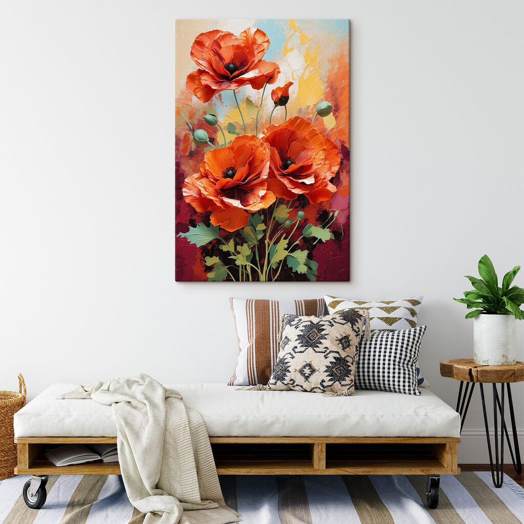 Oranje klaprozen boven wijnrood — interieur 4