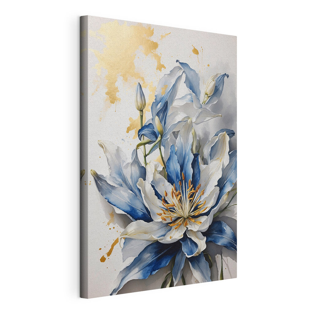 Lelie tussen gouden spatten, gespannen canvas met doorlopende rand