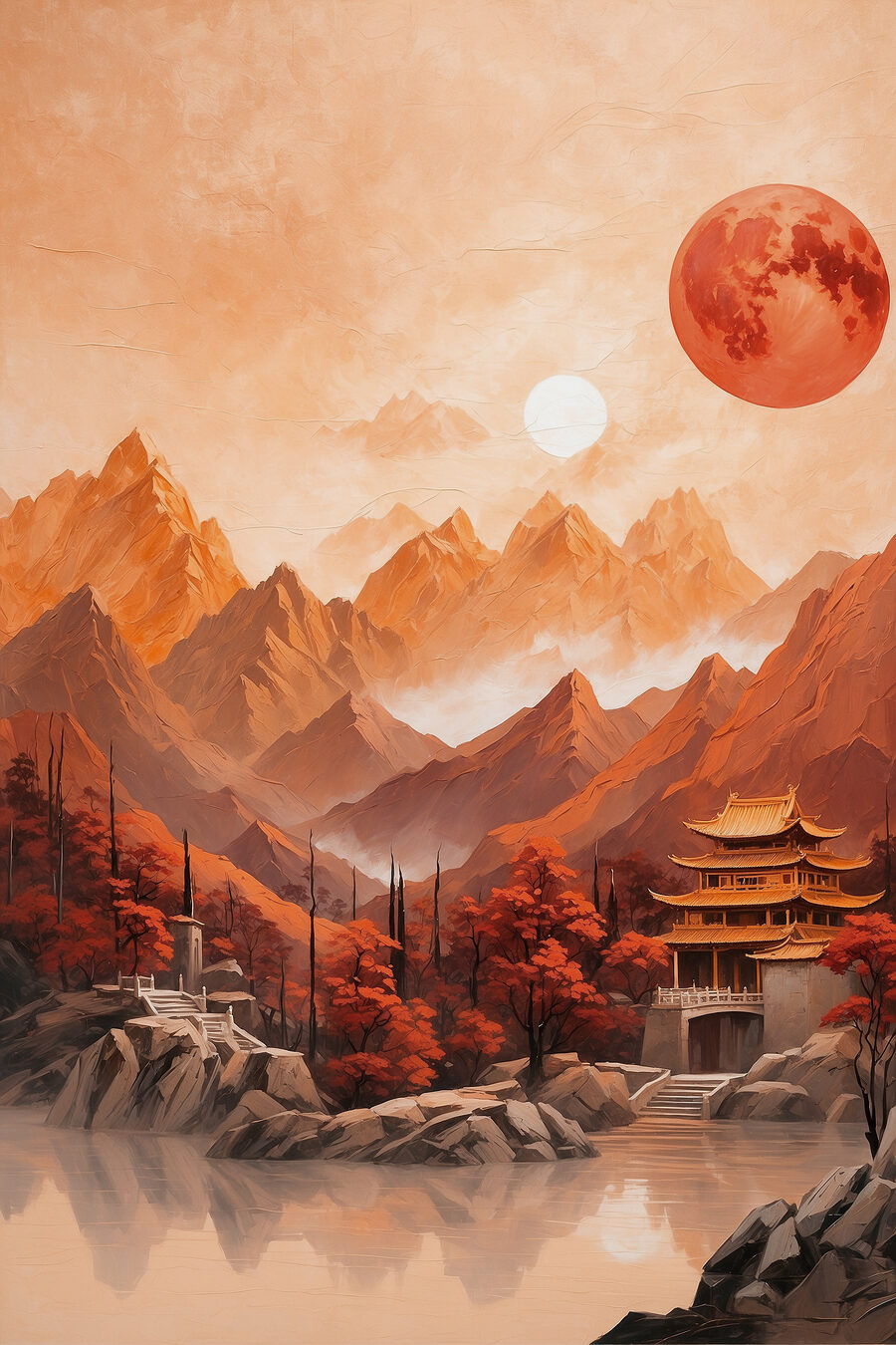 Tempel onder rode maan — volledig ontwerp