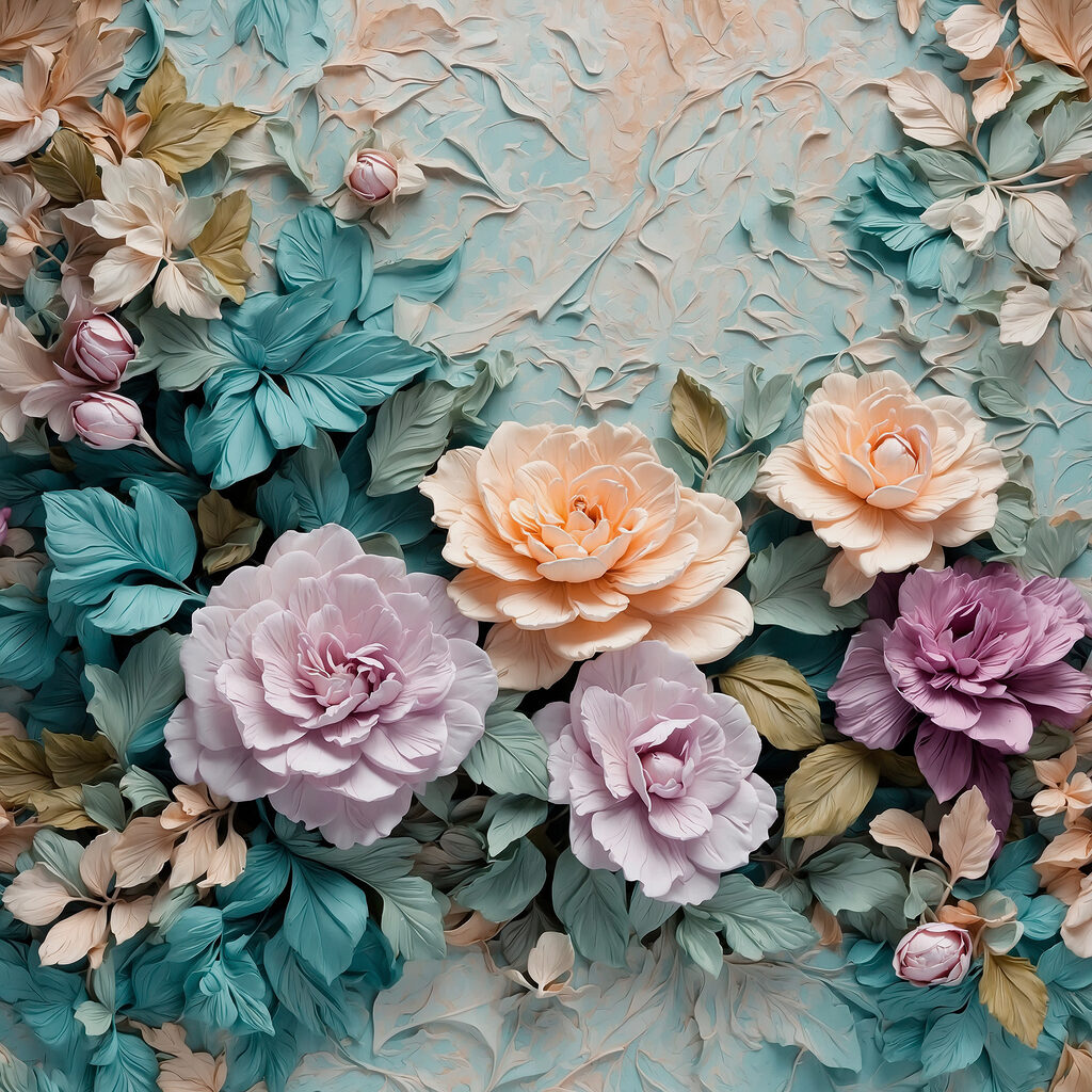 Pastelbloemen tussen koele bladeren — volledig ontwerp