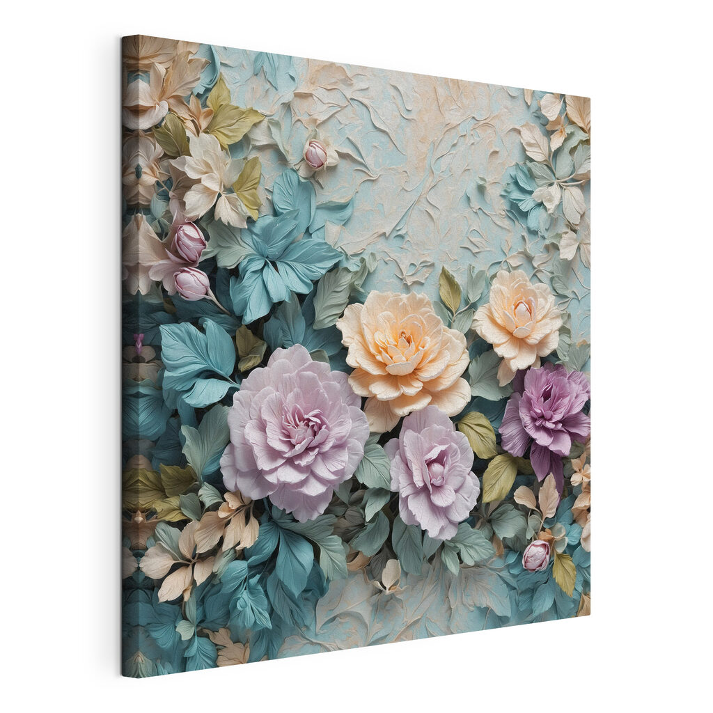 Pastelbloemen tussen koele bladeren, gespannen canvas met doorlopende rand
