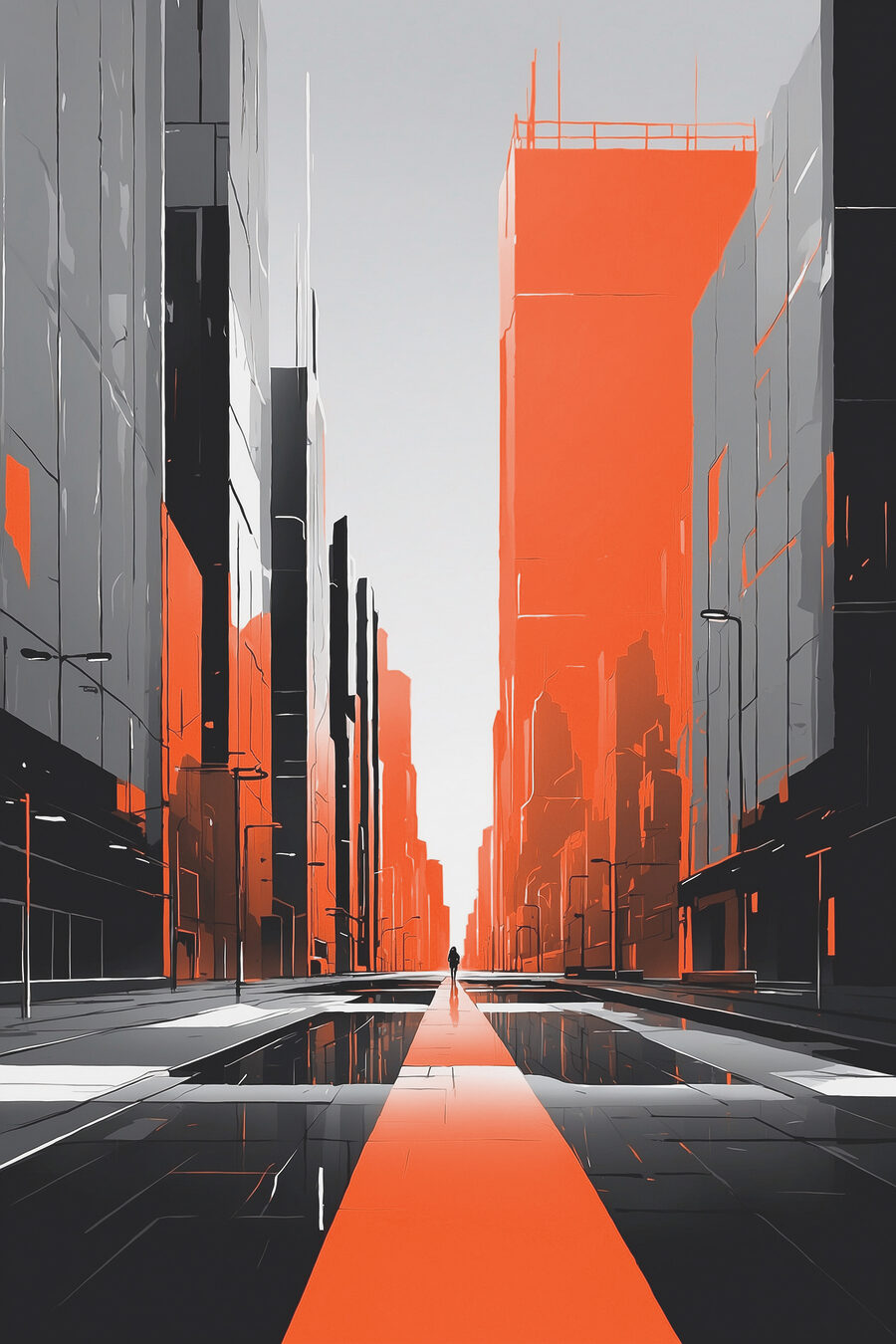 Oranje perspectief tussen stadsblokken — volledig ontwerp
