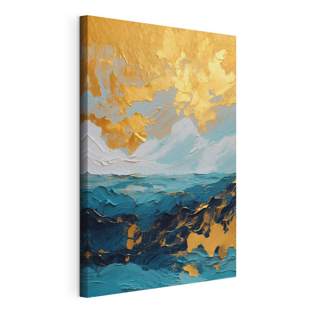 Goudkleurige lucht boven diepblauw, gespannen canvas met doorlopende rand