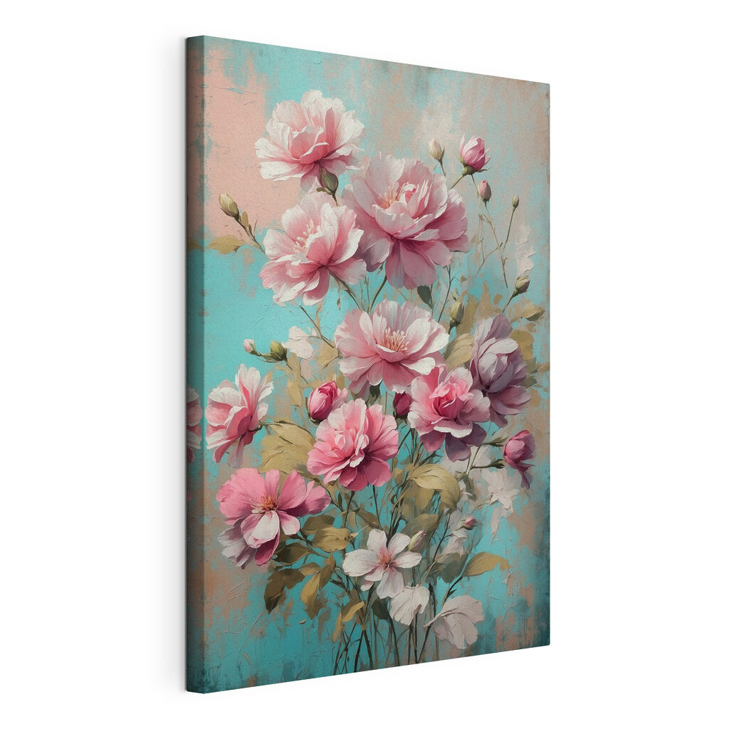 Schilderij van roze bloemen, gespannen canvas met doorlopende rand