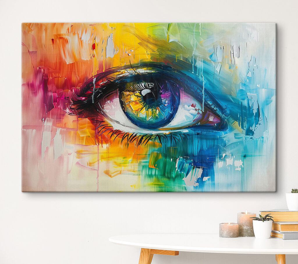Kleurrijk schilderij van een oog in een interieur
