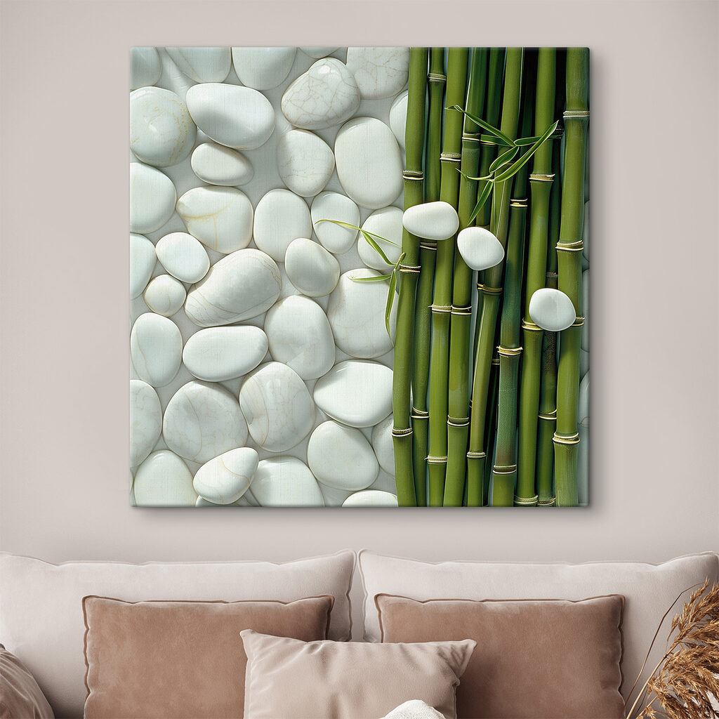 Bamboe naast witte kiezelvormen — interieur 1