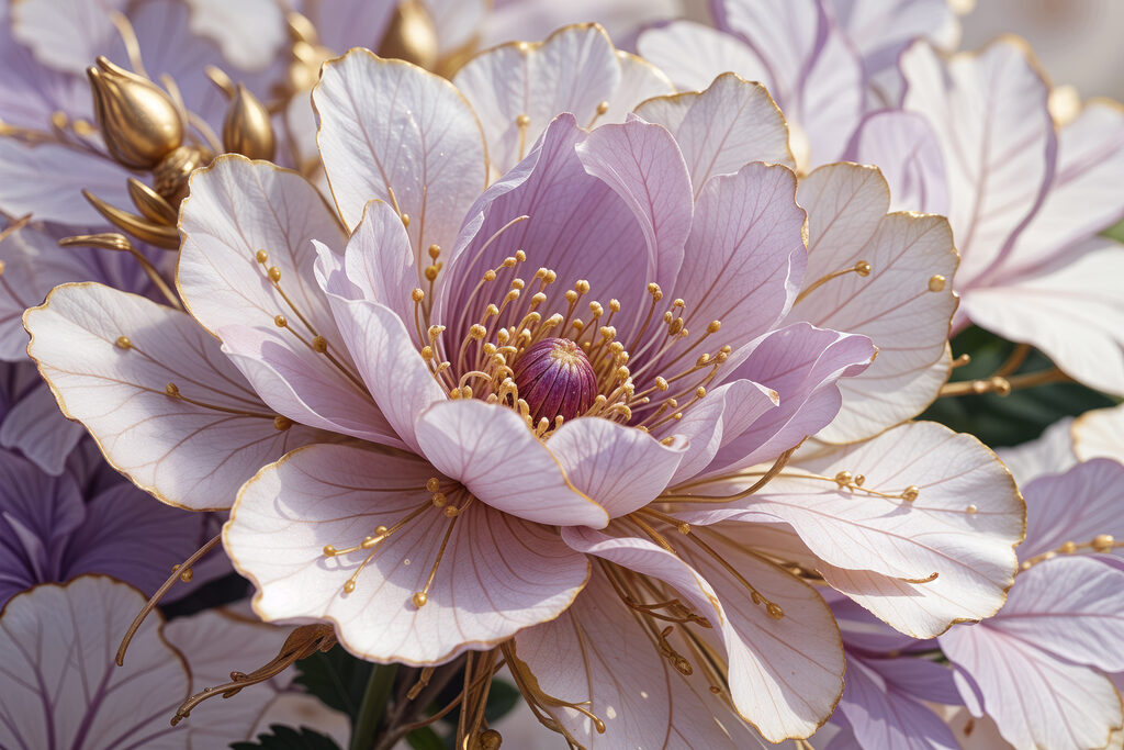 Lila bloem, gouden nerven — volledig ontwerp