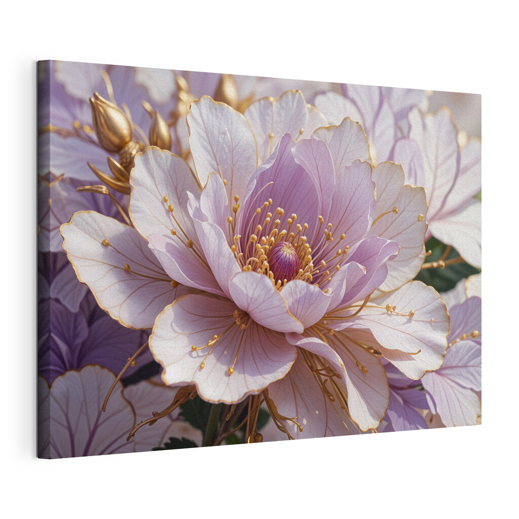 Lila bloem, gouden nerven, gespannen canvas met doorlopende rand