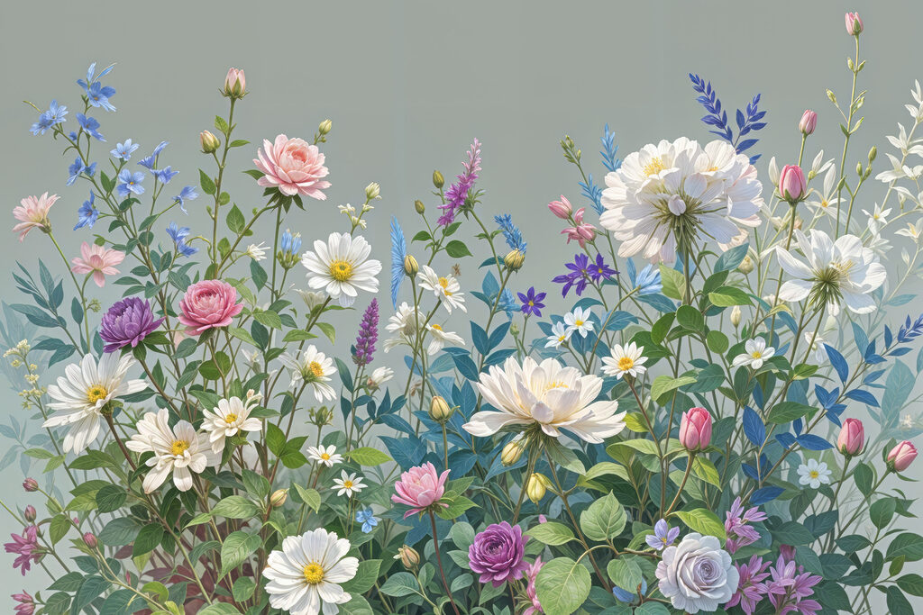 Een bloemenweide in grijsgroen — volledig ontwerp