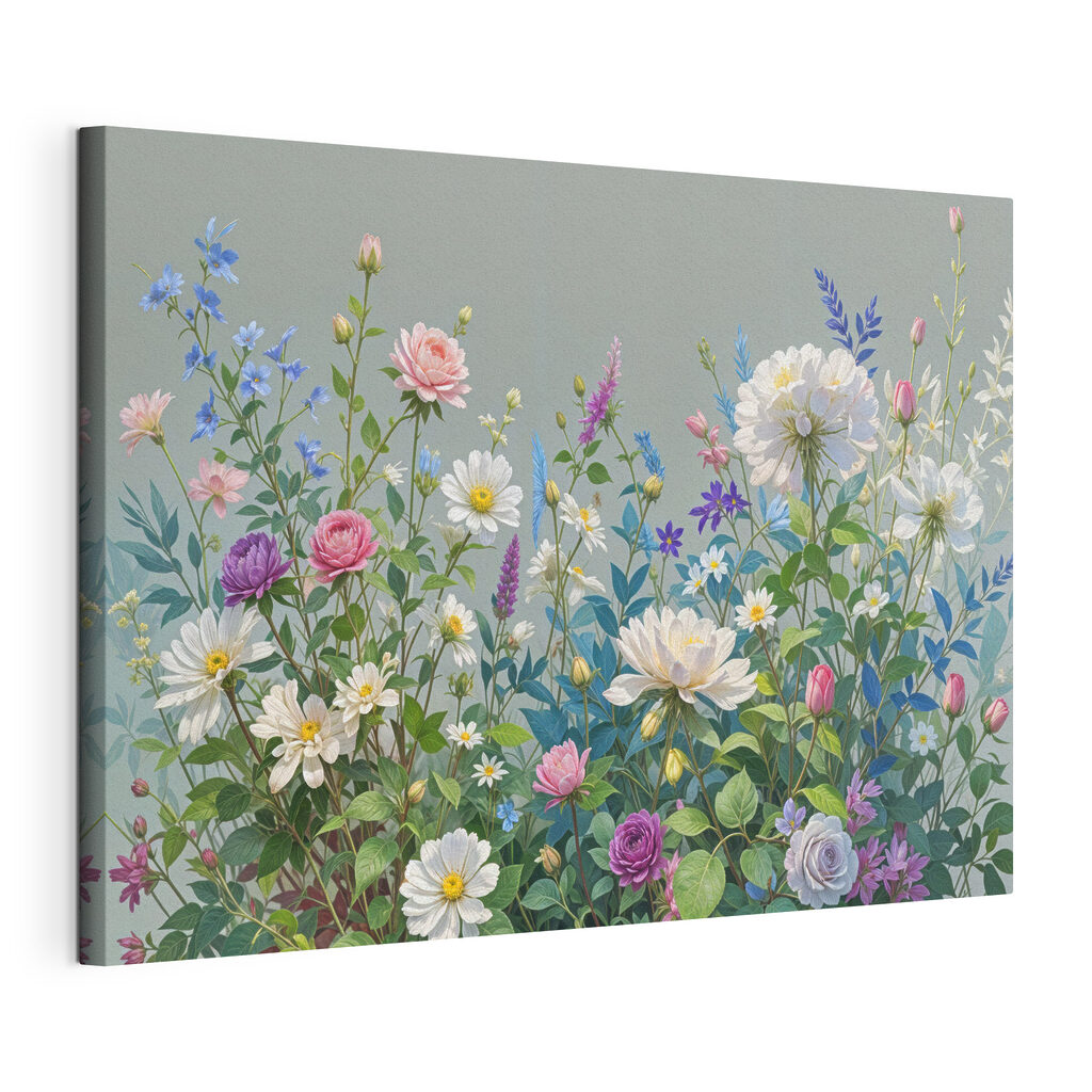 Een bloemenweide in grijsgroen, gespannen canvas met doorlopende rand