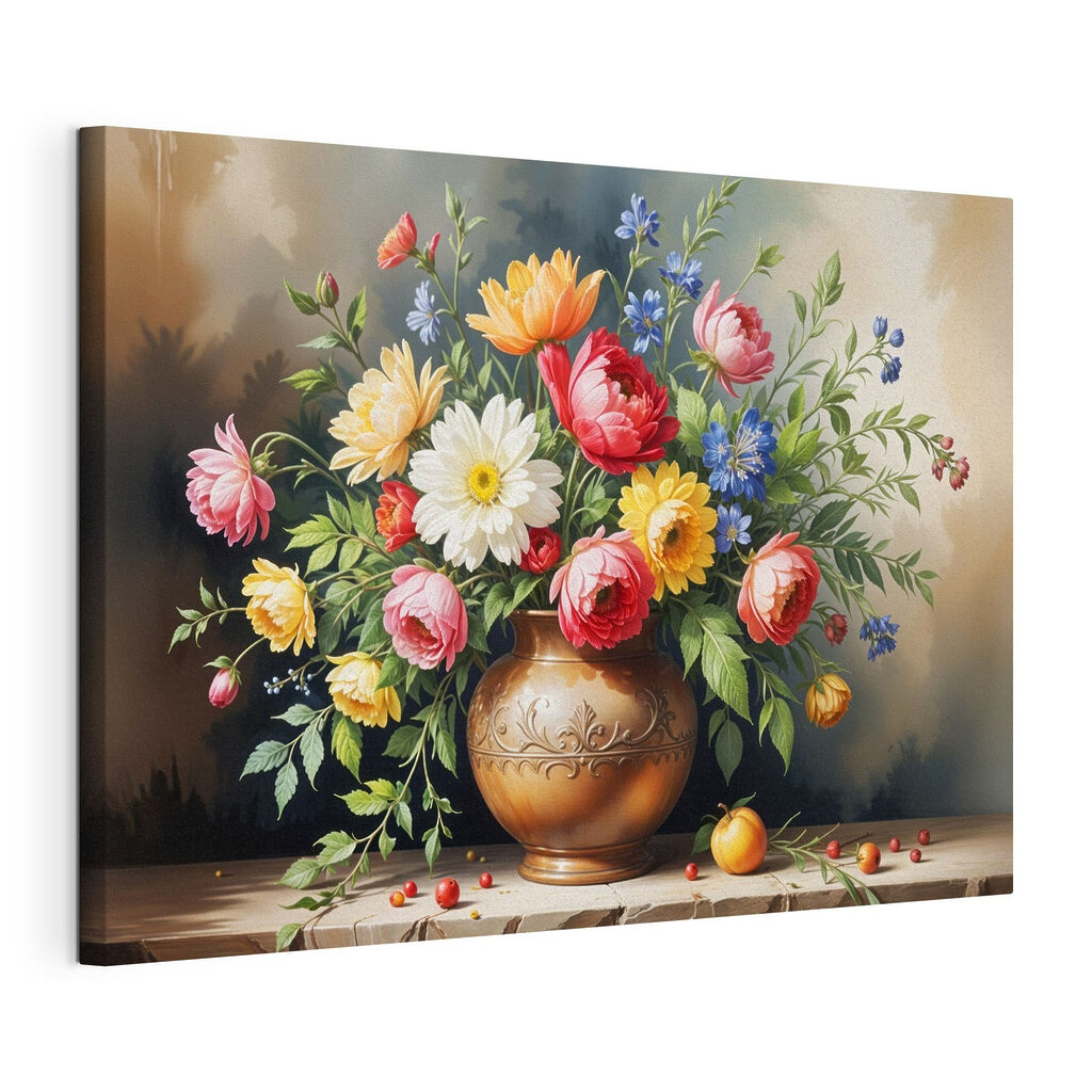 Zomerboeket in een sierschaal, gespannen canvas met doorlopende rand
