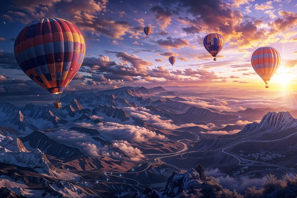 Ballonnen boven paarse bergen — volledig ontwerp