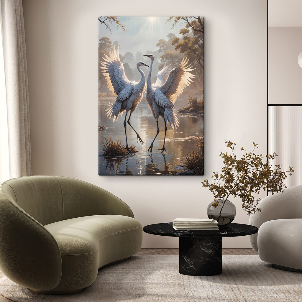 Paar witte kraanvogels in een vijver in een interieur