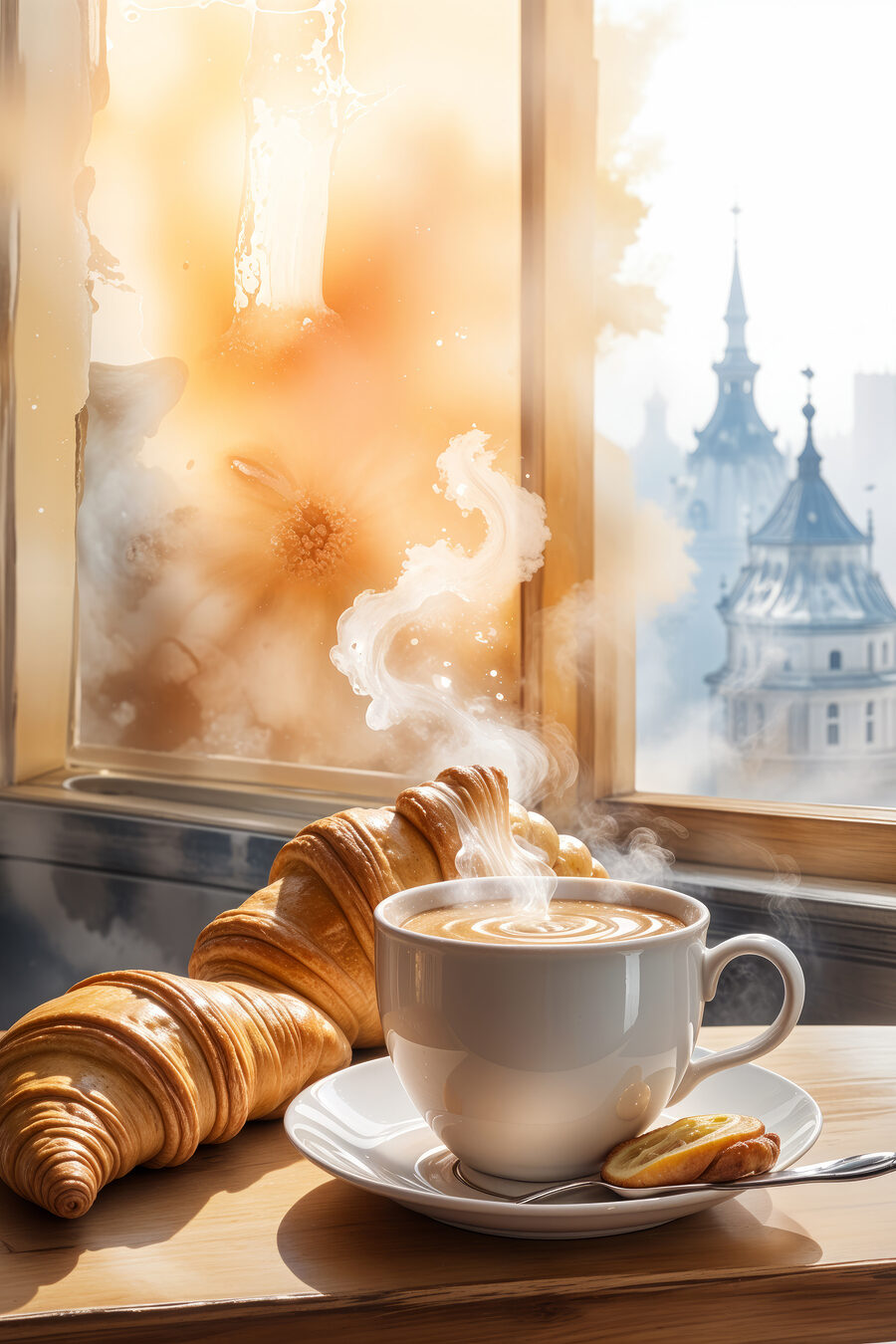 Croissants bij dampende ochtendkoffie — volledig ontwerp