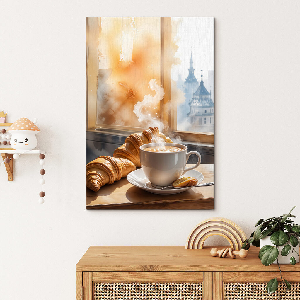 Croissants bij dampende ochtendkoffie in een interieur