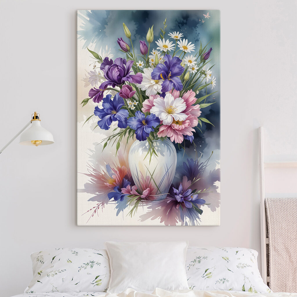 Blauwpaars boeket in raamlicht — interieur 1