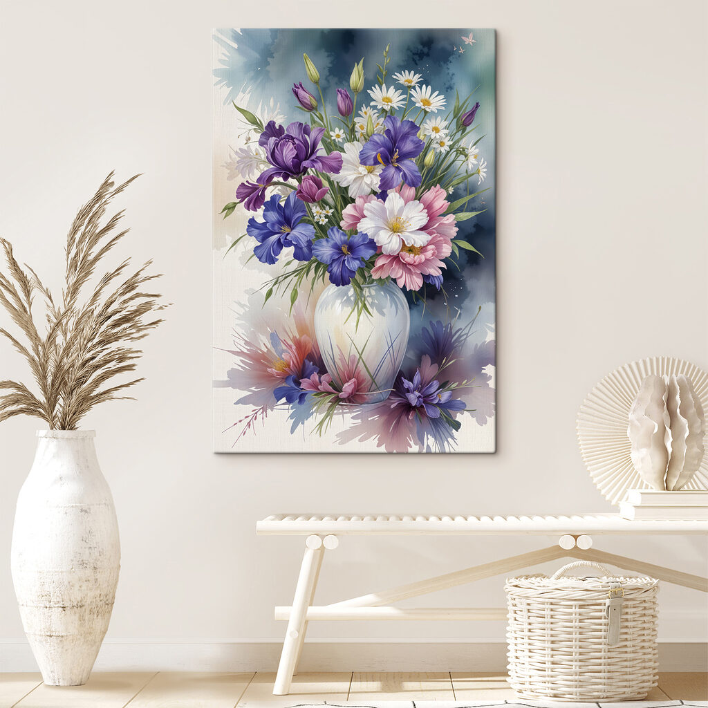 Blauwpaars boeket in raamlicht — interieur 2