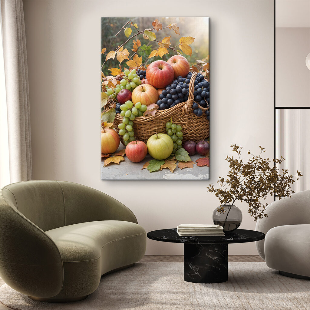 Een mand vol najaarsfruit in een interieur