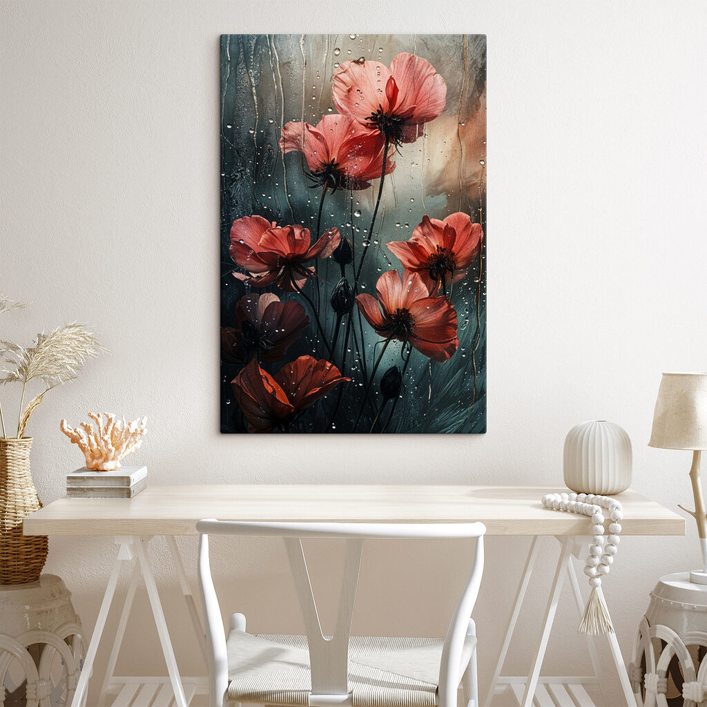Rode bloemen op regenglas — interieur 2