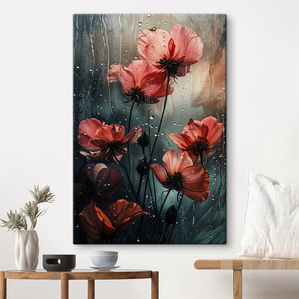 Rode bloemen op regenglas — interieur 1