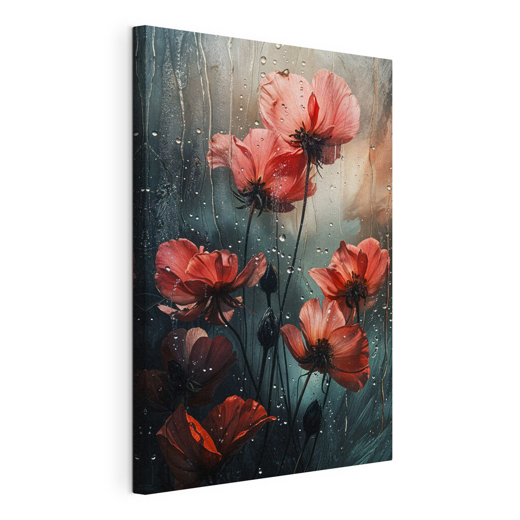 Rode bloemen op regenglas — productweergave
