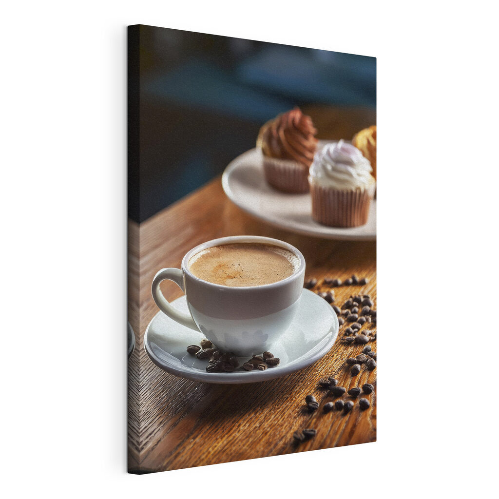 Koffie naast twee cupcakes, gespannen canvas met doorlopende rand