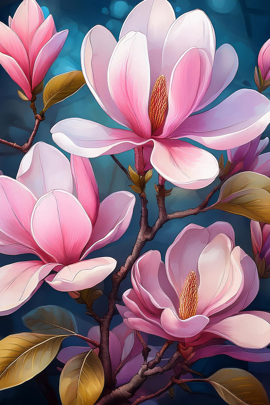 Roze magnolia op nachtblauw — volledig ontwerp