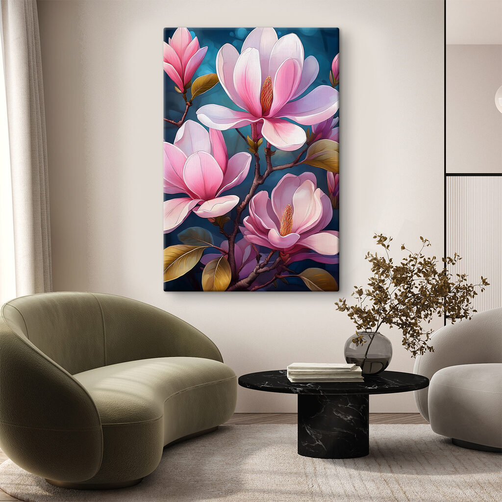 Roze magnolia op nachtblauw — interieur 1