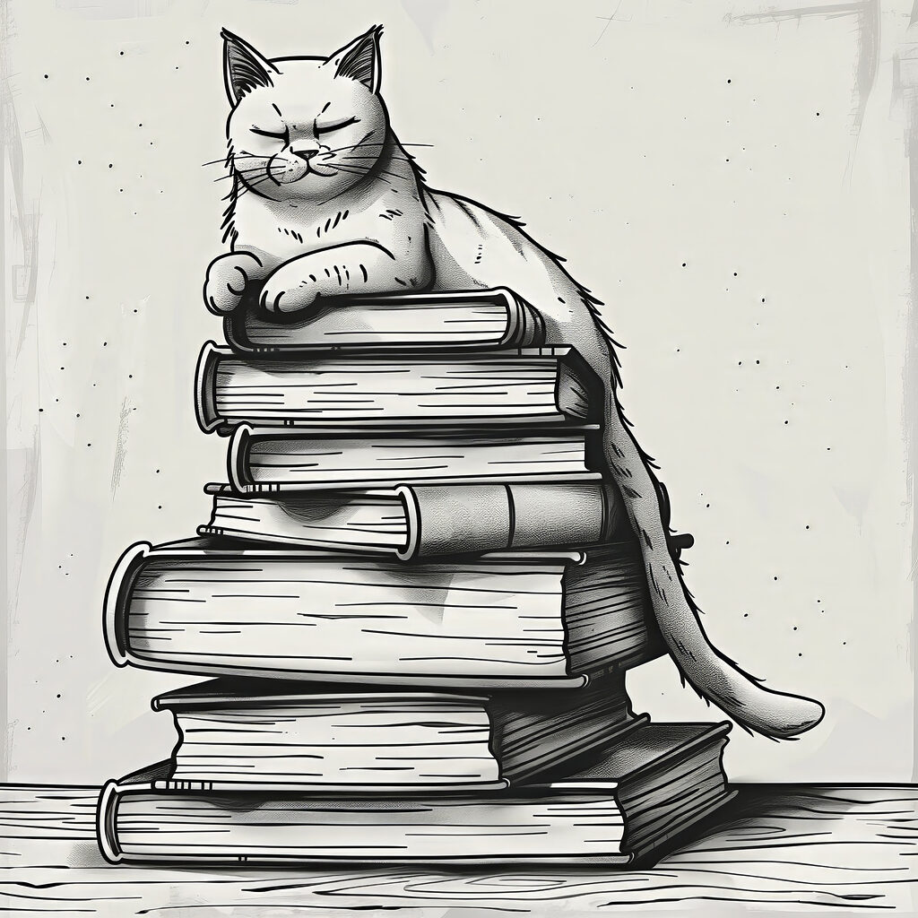 Kat zittend op een stapel boeken — volledig ontwerp