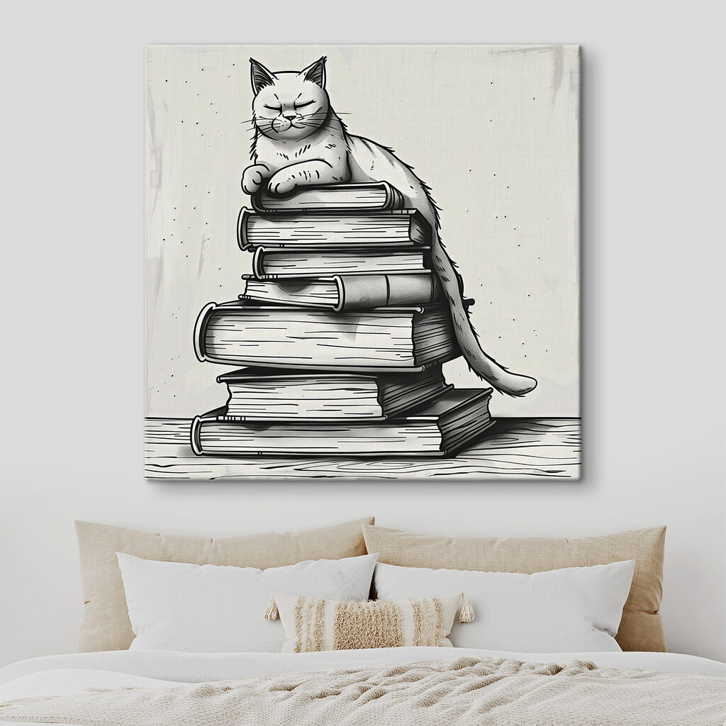 Kat zittend op een stapel boeken — interieur 1