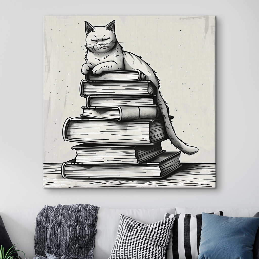 Kat zittend op een stapel boeken — interieur 2