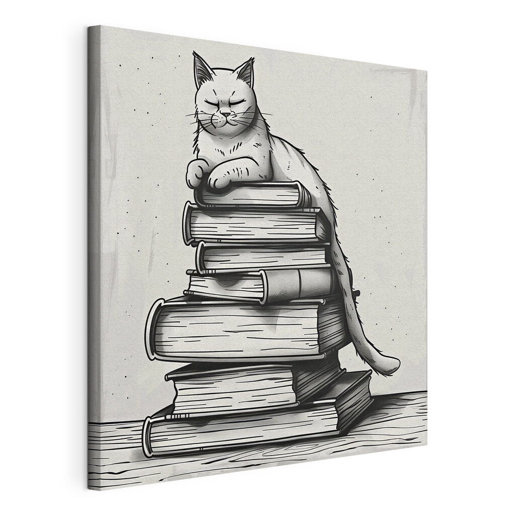 Kat zittend op een stapel boeken, gespannen canvas met doorlopende rand